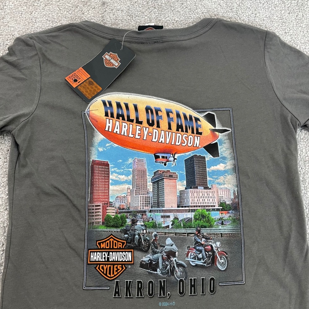 Harley Davidson T Shirt Womens Extra Small Biker Graphic V Neck Akron Ohio NWT